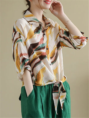 Retro Comfy Contrast Color Lapel 3/4 Sleeve Shirts