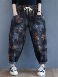 Drawstring Elastic Waist Floral Printed Jeans