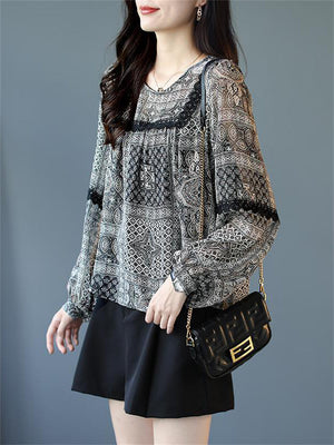 Thin Prinetd Lace Patchwork Chiffon Shirts