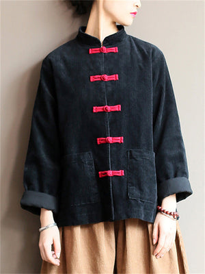 Loose Corduroy Stand Collar Buckles Jackets