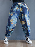 Drawstring Elastic Waist Floral Printed Jeans