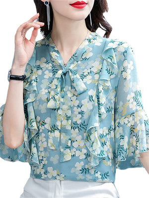 Comfy Floral Printed Lace-up Chiffon Shirts