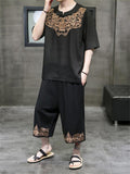 Men's Cotton Linen Short Sleeve Top Cropped Pants Embroidered Outfits