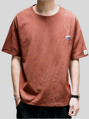 Embroidered Simple Thin Round Neck Linen Shirts For Men