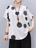 Round Neck Loose Linen Polka Dots Shirts