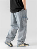 Vintage Spring New Male Washed Pockets Drawstring Jeans