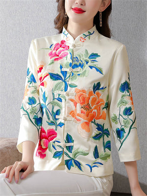 Retro Flowers Embroidery Buckles Jackets