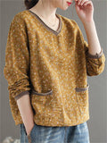 Retro Floral Printed V-Neck Pullover T-Shirts