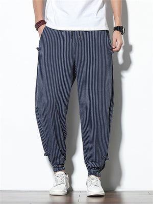 Vertical Stripe Summer Autumn Linen Casual Men's Long Pants