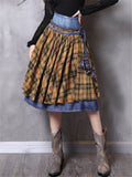 Patchwork Design Plaid Retro Denim Skirt