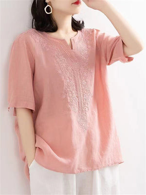 V-neck Embroidery Linen Shirts