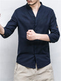 V neck Cotton Linen Solid Color Shirts