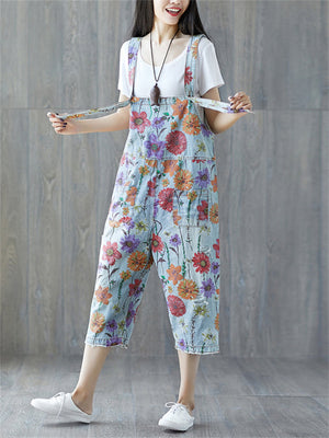 Women's Floral Printed Summer Denim Jumpsuit