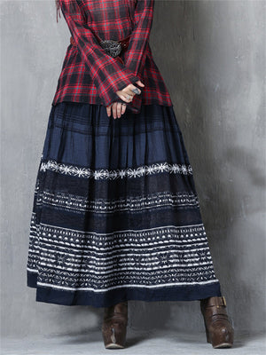 Elstic-waist Pleated Skirt Embroidery Long Skirt