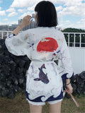 Women's Crane Carp Pattern Japanese Kimono Inspired Shirt Jacket