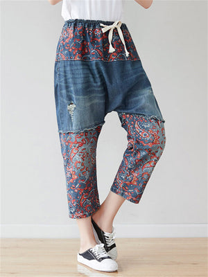 Vintage Color Block Harem Cropped Jeans