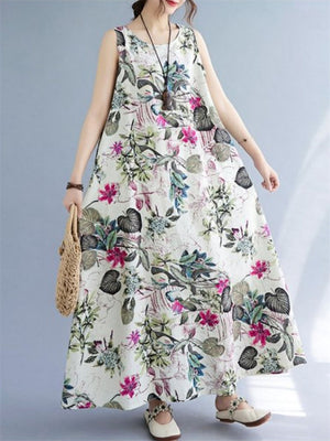 Women's Sleeveless Floral Linen Dresses