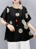 Round Neck Loose Linen Polka Dots Shirts