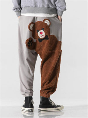 Patchwork Cartoon Fluffy Bear Casual Pants