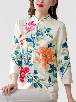 Retro Flowers Embroidery Buckles Jackets