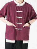 Stand Collar Patchwork Short Sleeve Shirts