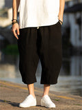 Summer Cotton Linen Male Solid Color Cropped Pants