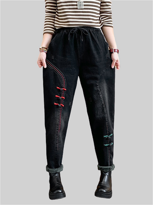 Retro Thick Embroidery Elastic-waist Jeans