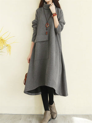 Solid Color High-necked Long Sleeve Dress