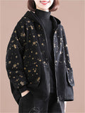 Black Hooded Printed Zipper Jackets for Ladies