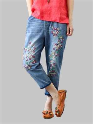 Casual High-waist Loose Embroidery Jeans