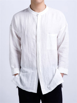 Cotton Linen Solid Color Stand Collar Shirts