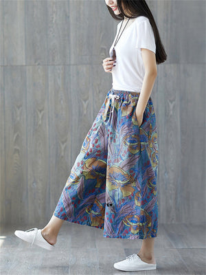 Elastic-waist Jeans Printed Wide Leg Pants