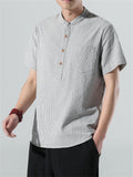 Cotton Linen Stripe Short Sleeve Shirts