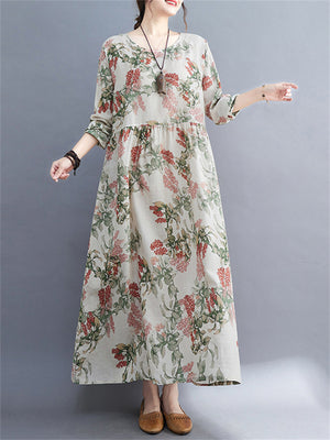 Comfort Round Neck Cotton Linen Floral Dresses