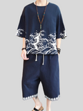 Summer Linen Printed 2-Piece Set T Shirt Cropped Pants Men's Outfits